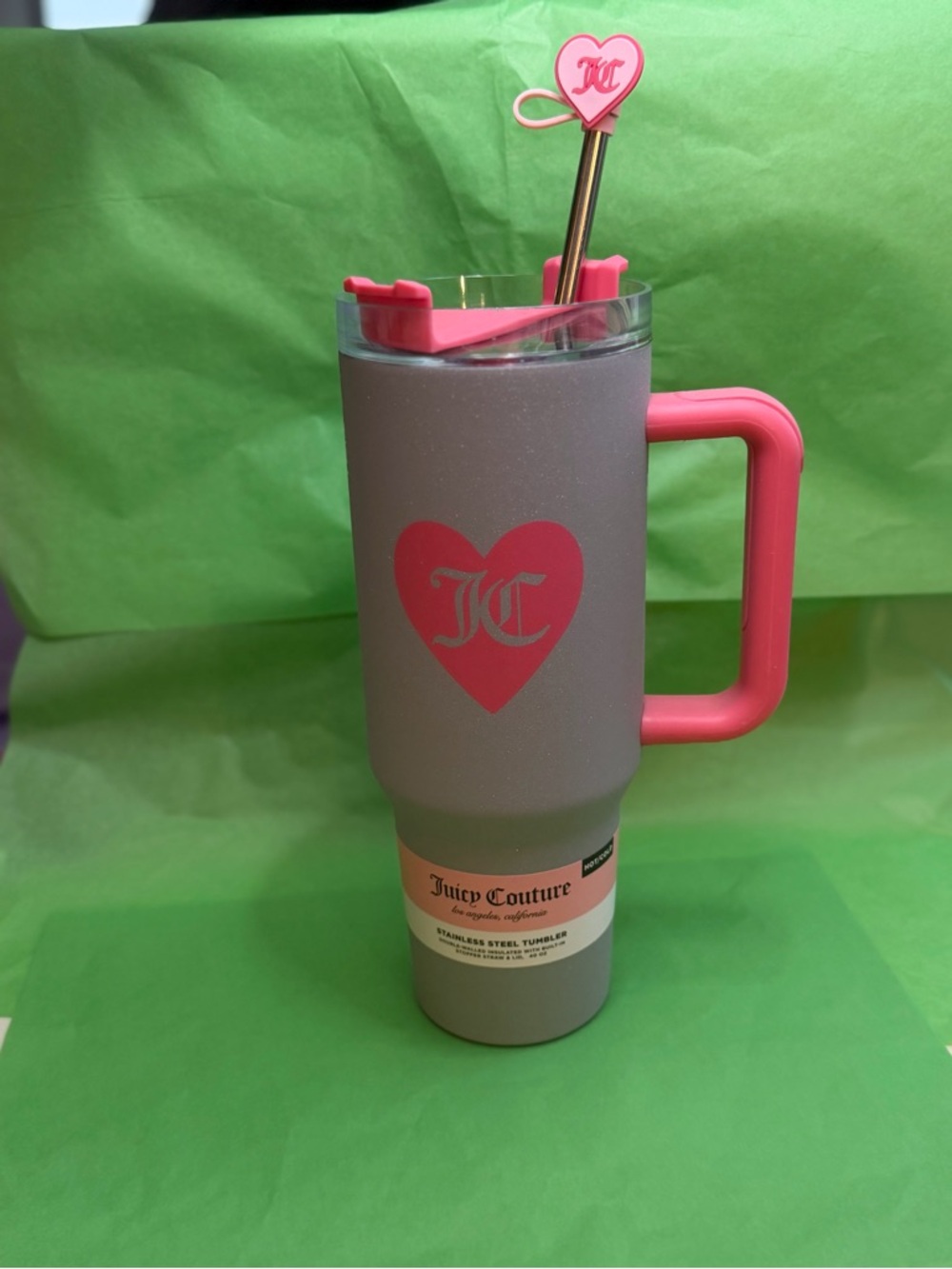 Juicy Couture Grey Pink Heart Tumbler with Handle 40oz limited edition htf